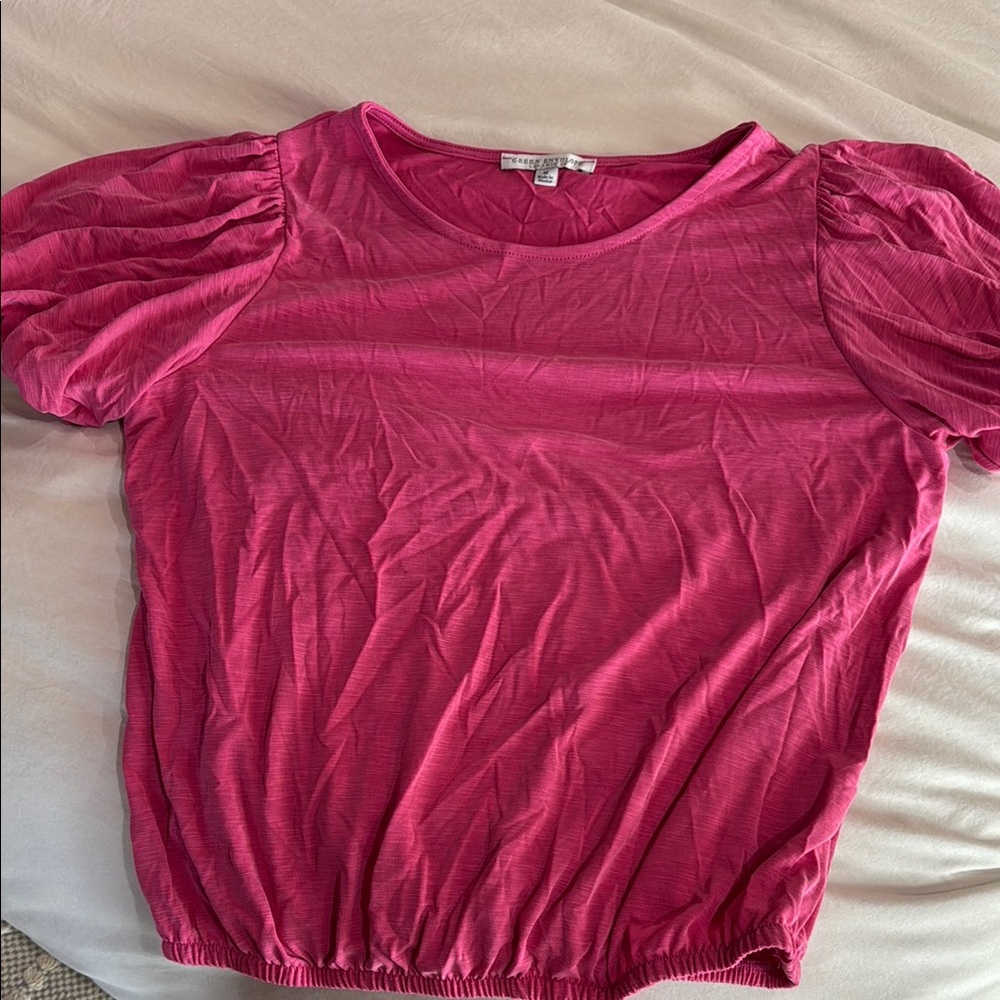 Green Envelope Pink Ruched Puff Sleeve Blouse